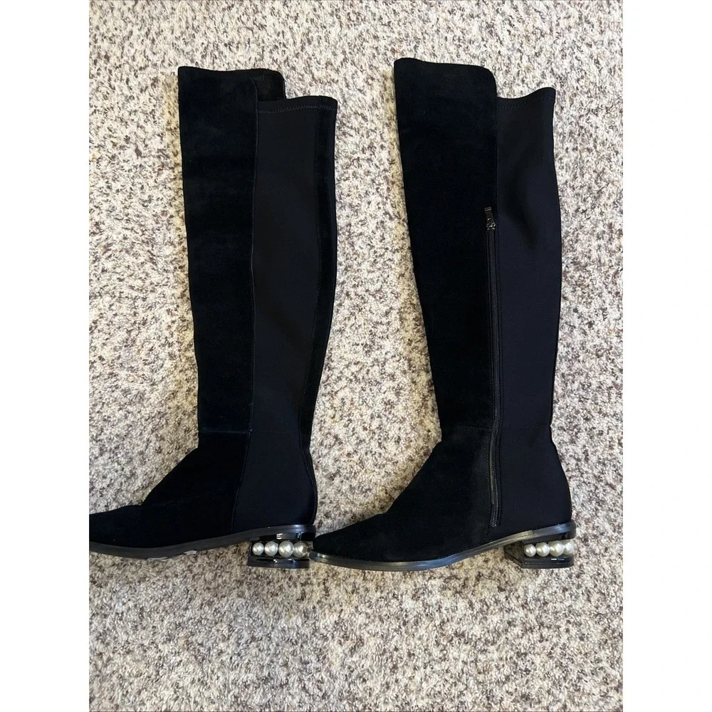 CATHERINE MALANDRINO Black Suede  Pearl Heel Over Knee Boots Sz9 Great Condition